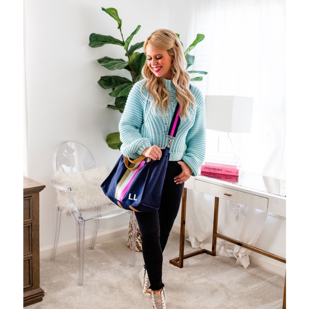 Bagging Rights Navy Tote with Pink and Tan Straps